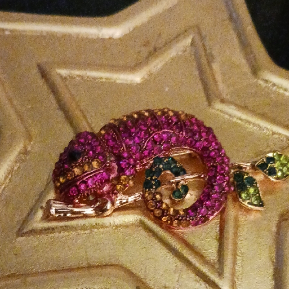 Elegant Pink and Green Chameleon Brooch